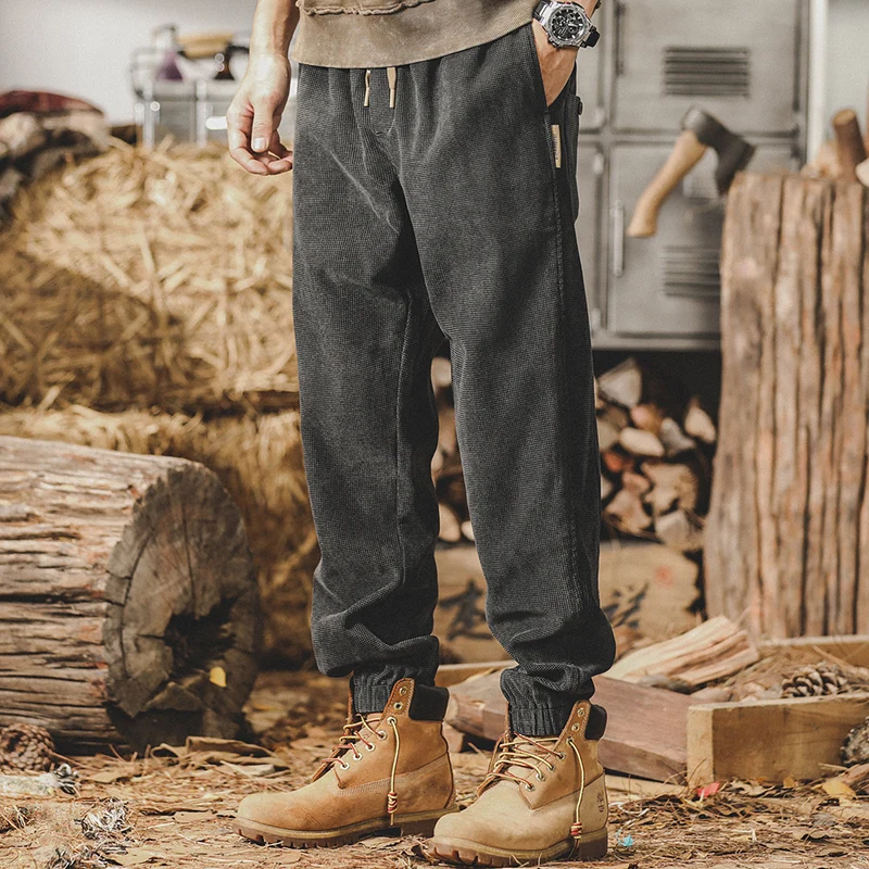 

American Retro Loose Fit Men's Fce Lined Cuffed Pants Casual Corduroy Pants mid Waist Elastic Waisand Autumn Leisure