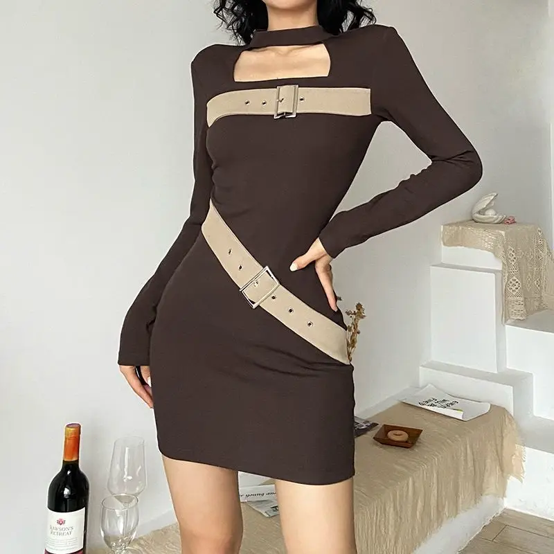 

2022 Autumn New Long Sleeve Sexy Slim Fashion High Waist Hollow out Dress Women vintage dress Sheath Cotton Slim