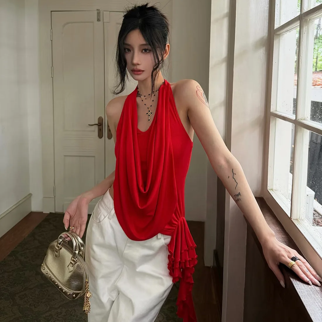 2025 Summer Cross-border New Fashion Trend Solid Color Neck Slim Irregular Streamer Versatile Top Women