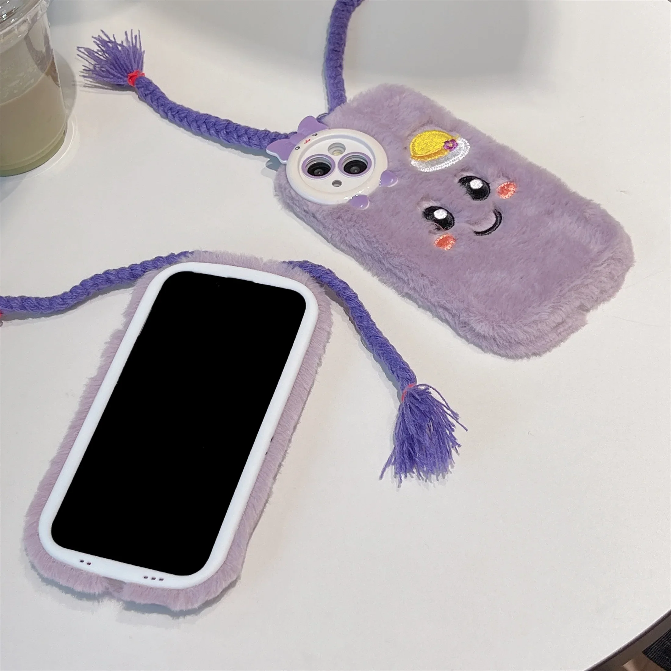 เคสโทรศัพท์ถักเปียสีม่วงน่ารักสำหรับ IPhone16 15 14 13 11 12 Pro สูงสุดขนเฟอร์อบอุ่นกันกระแทกฝาครอบป้องกันการตก