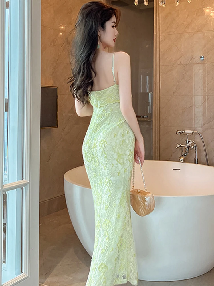 Women's Clothes Sweet Party Dress for Woman Elegant Vacation Green Lace Strap Ruffles Fishtail Robe Female Holiday Beach Vestido