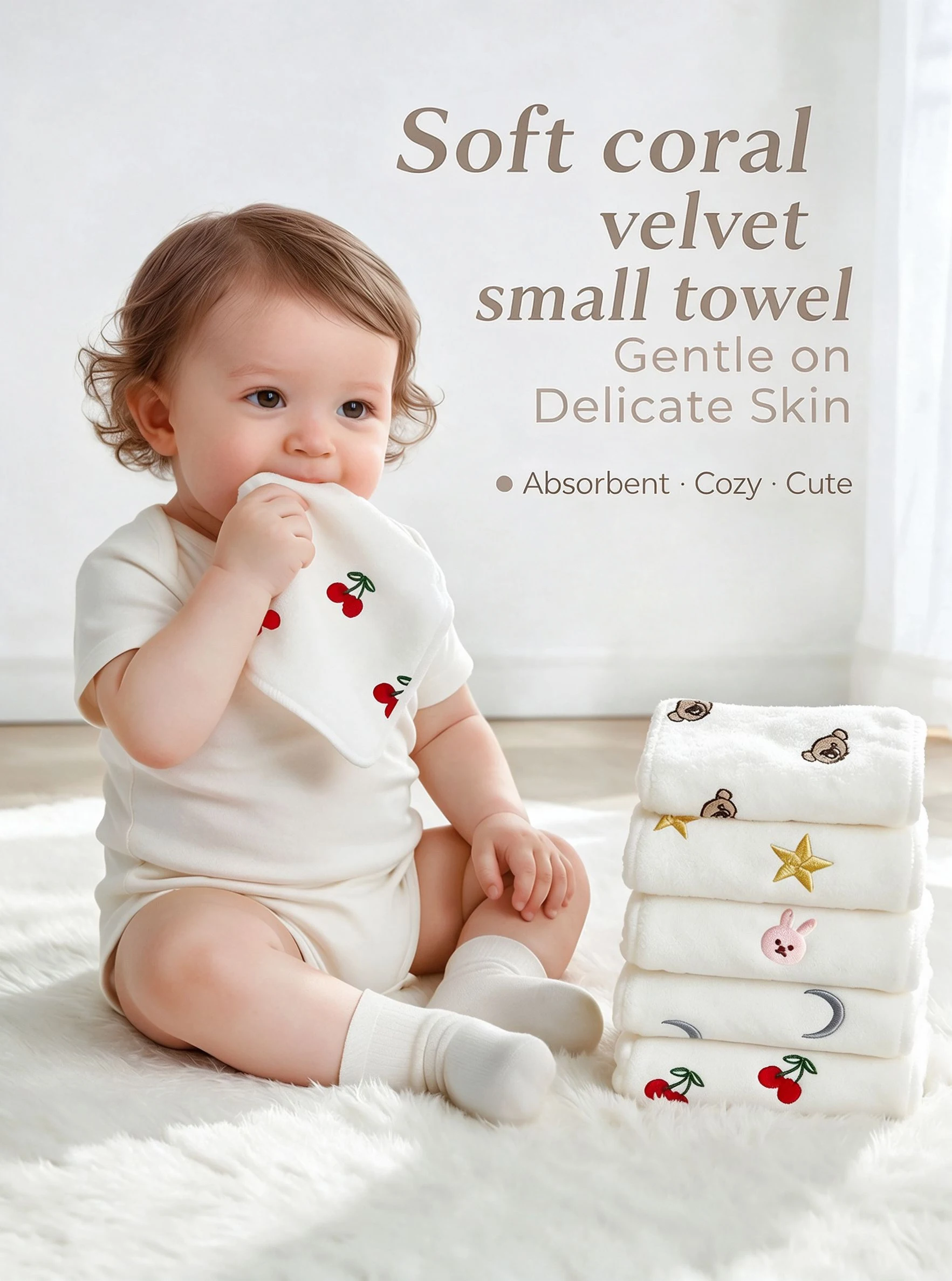 Baby Face Washcloth, Coral Fleece Towel, Cute Cherry, Bear, Rabbit, Star, and Moon Embroidery, Soft and Absorbent Baby Wipe, Reusable Baby Drool Towel