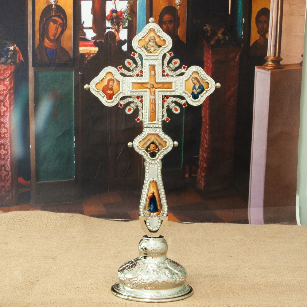 New Orthodox Standing Table Cross Gold Silver Plated Rhinestone Jesus Saints Icon Church Altar Religious Ornament Prayer Decor