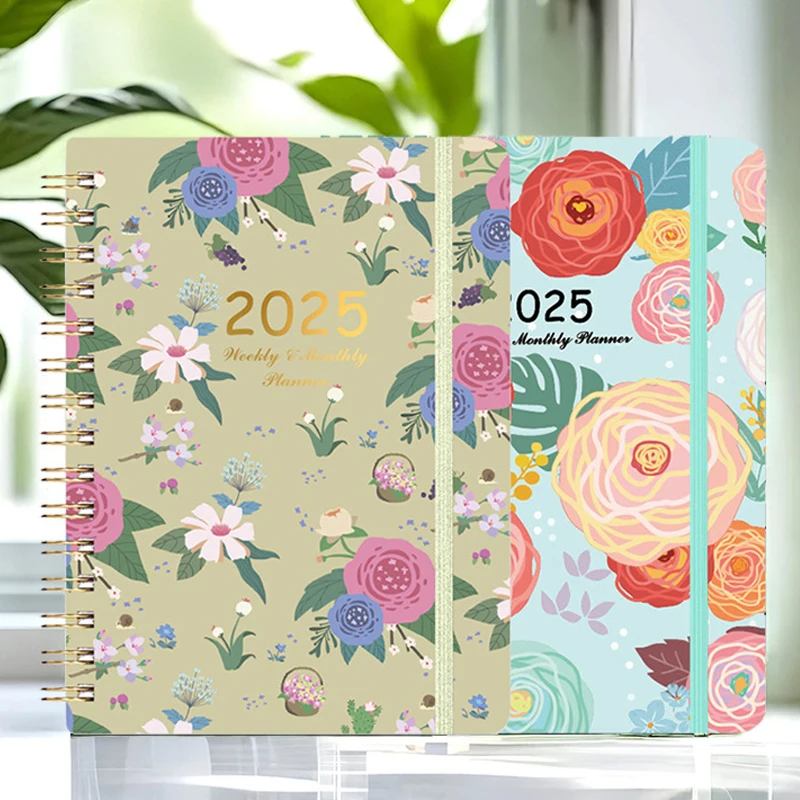 140 Pages Book 2025 Plan Calendar Diary Coil Notebook A5 Weekly Notebook Planners Budget Planner Flower Pattern (2025.1-2025.12)