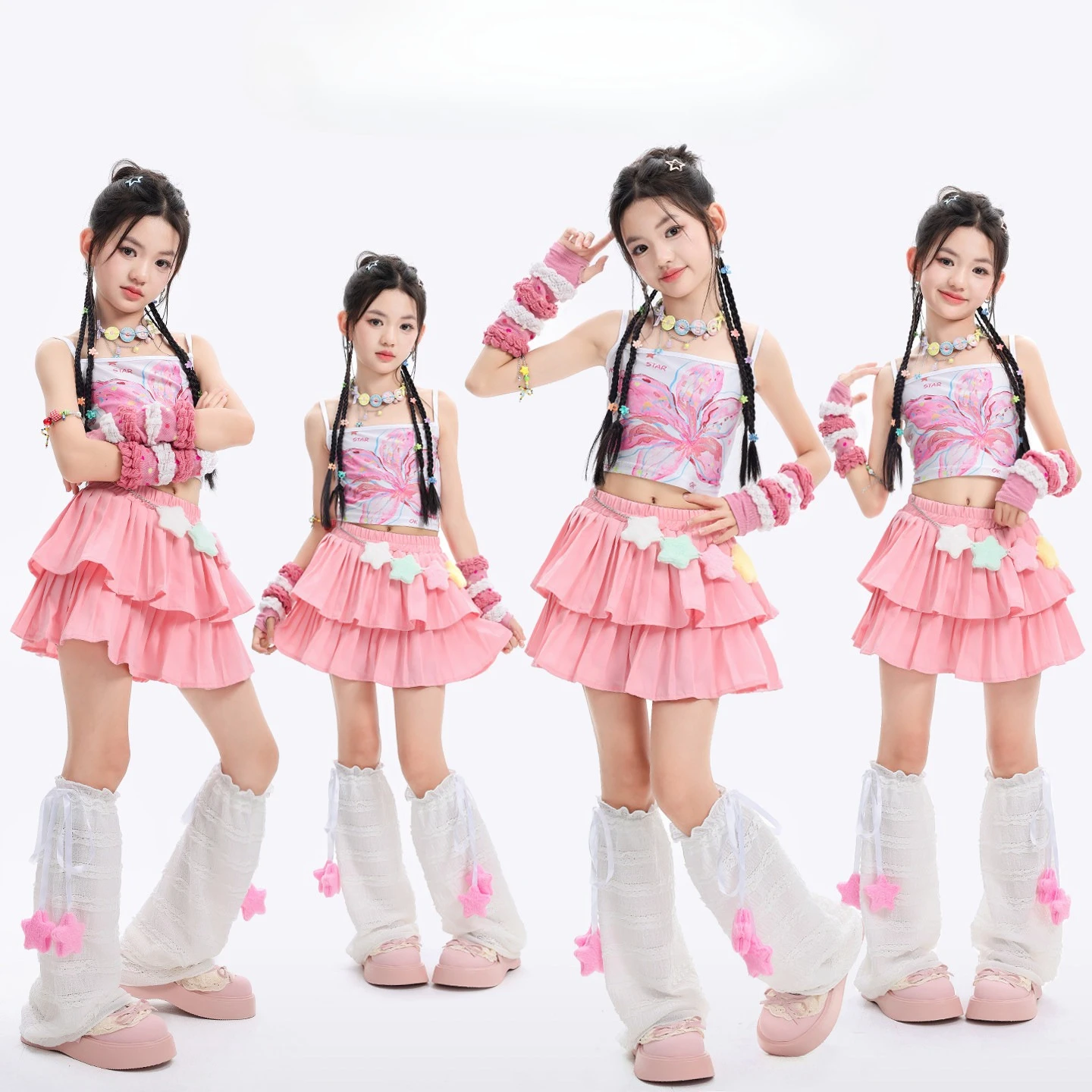 Kids Girls Hip Hop Dance Outfit Sleeveless Crop Top Ruffled Skirt Children Sweet Street Jazz Dance Costume For Stage Performance