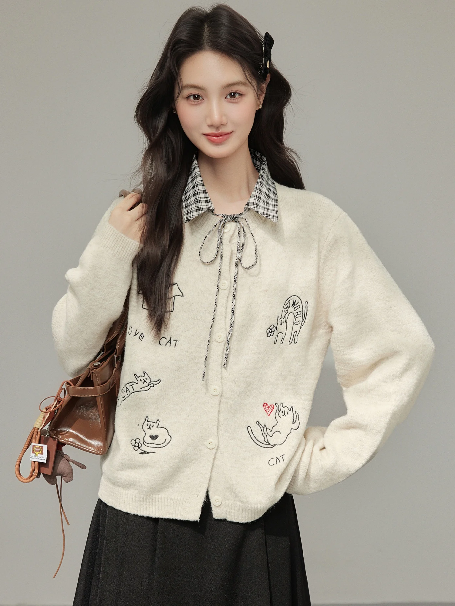 

Вязаный свитер Mimi Xiaoke с вышивкой, женский свободный кардиган-жакет, теплый, мягкий, с длинными рукавами, с животным принтом, осенний