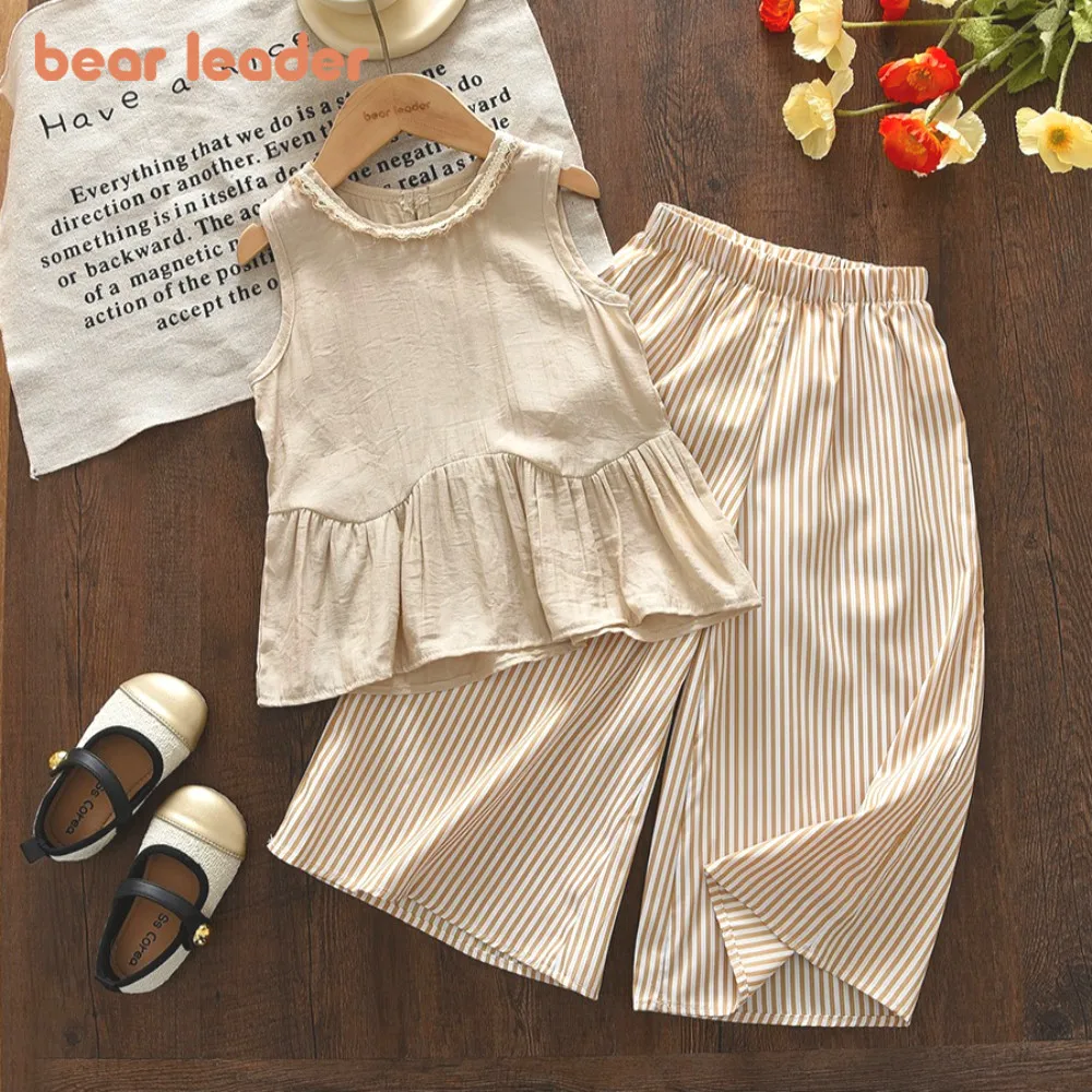 Bear Leader Zweiteiliges Set, Khaki, Mädchenkleidung, Sommermode, neue einfarbige, ärmellose Oberteile + gestreifte, bedruckte Hosen, Kindersets