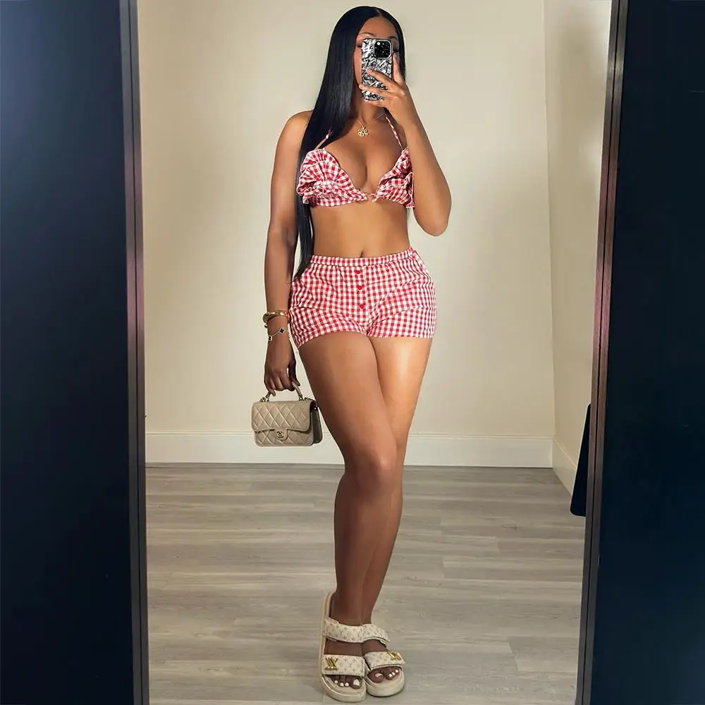 

Summer Fashion Personalized Women's Outfit with Belly And Back Exposure Plaid Shorts Set Three-Piece Suit No Brand Registered