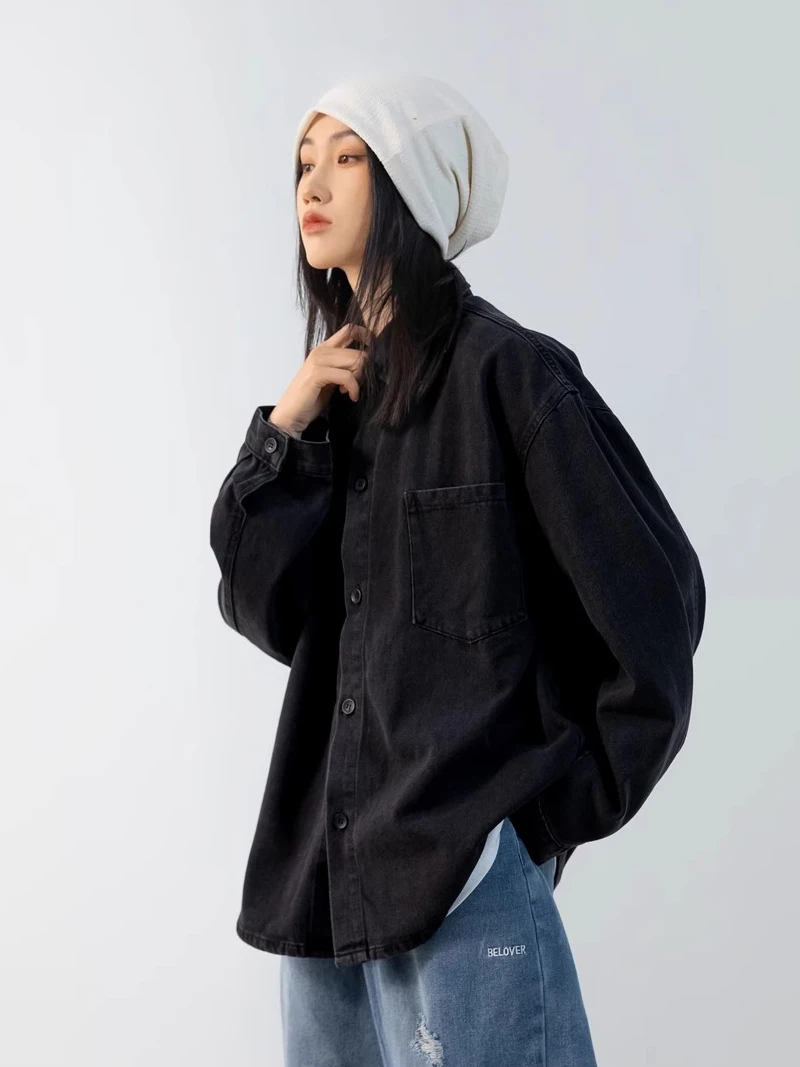 REDDACHiC Oversized Boyfriend Denim Shirt Jacket Women Blouse Top Casual Long Sleeves Autumn Outer Minimalist Black Overshirt