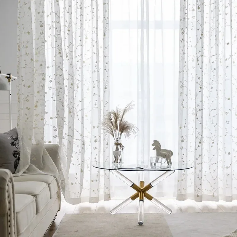 

DZQ Korean Sheer Tulle Curtains for Living Dining Room Bedroom Luxury Flower Embroidered French Window Drapes Home White Tulle