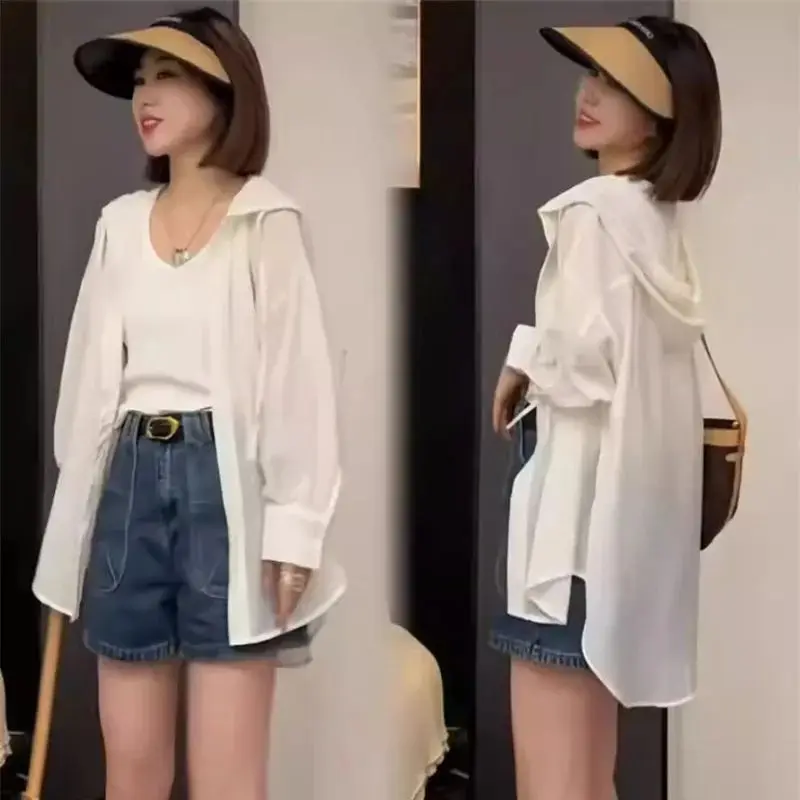 Solid Color Thin Casual Hooded Sun Protection Shirt Jacket for Women 2024 Summer Design Loose Fitting Air-Conditioned Shirt Top