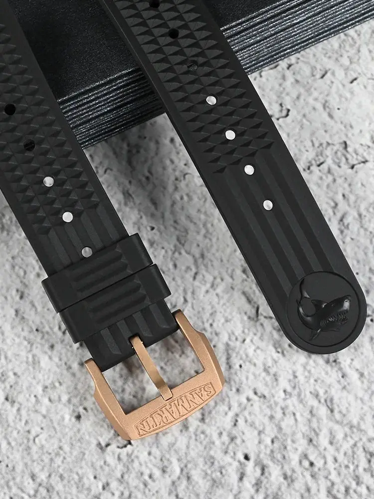 San Martin 20mm Black Waffle Pattern FKM Rubber Watch Band Waterproof Watch Strap Comfortable To Wear Watchbands Durable SF0007