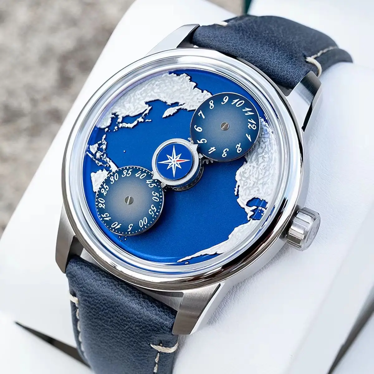 OBLVLO Men Automatic Watch 42mm Mechanical Wristwatch Luminous 50M Waterproof Sapphire Mirror Rotatable Earth Continent Dial