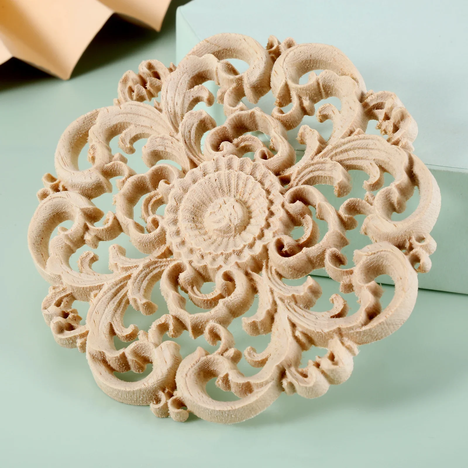 10cm Round Flower Wood Carving Decal Unpainted Disc Onlay Decor Door Furniture Symmetrical European Court Exquisite Single-sided