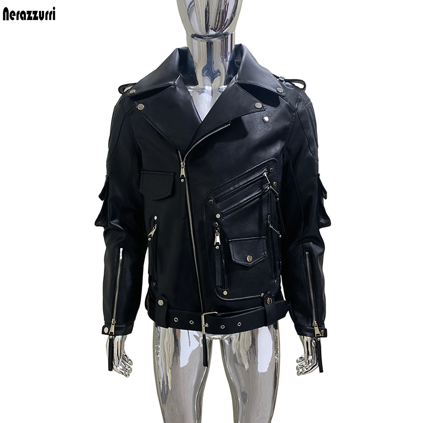 Nerazzurri Autumn Hard Black Pu Leather Motorcycle Biker Jacket Men Cool Luxury Designer Menswear European Fashion Clothes 2026