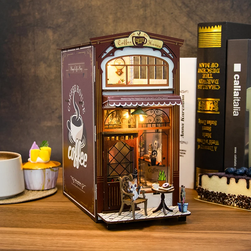 DIY Book Nook Kit Shelf Insert Miniature Dollhouse 3D Puzzle Assembly Model Building Bookend Toys With LED Light Bookshelfv Gift