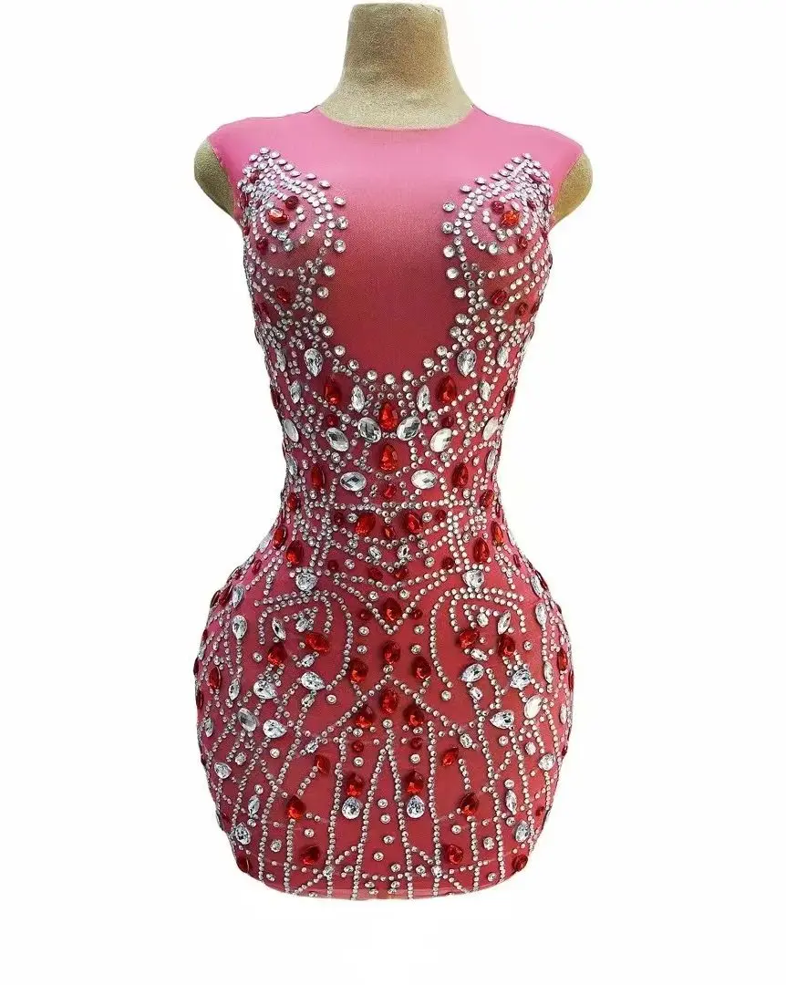 

Evening Celebrate Red Silver Crystals Sleeveless Dress Sexy Pink Mesh Outfit Dance Nightclub Costume Party Wear hongchen