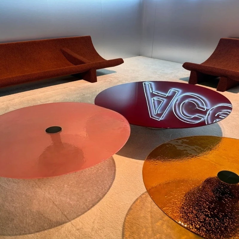 

Light luxury round coffee table natural marble travertine high-end living room glass red coffee table