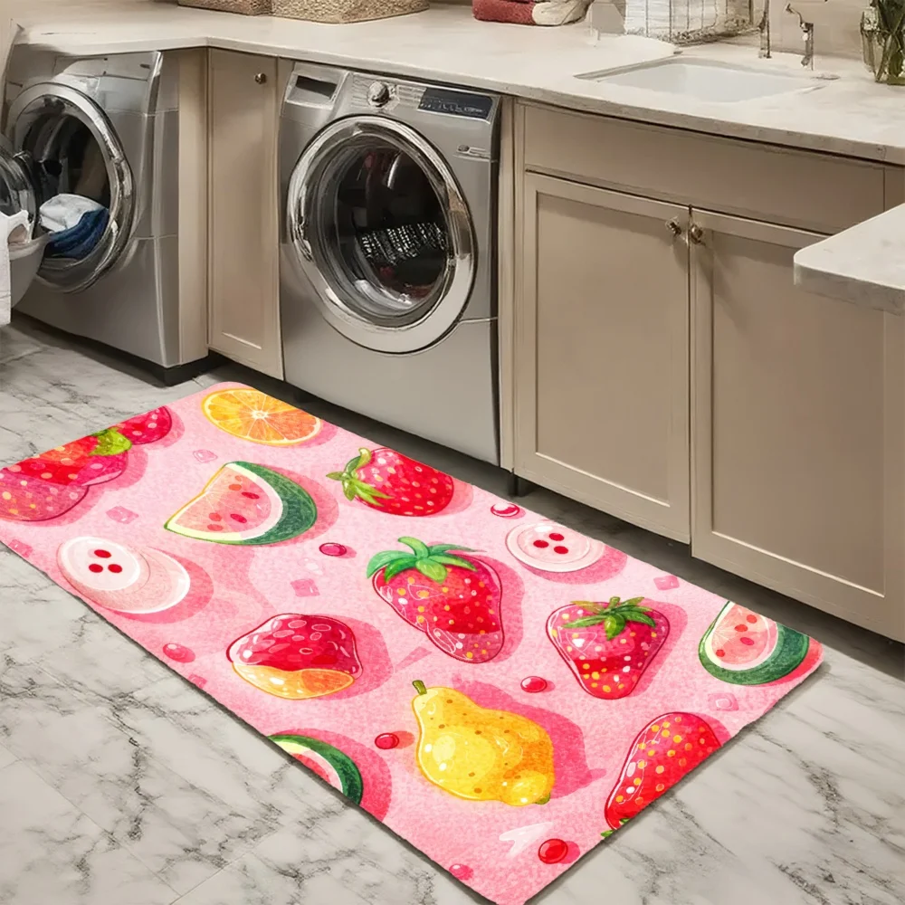 3PCS Mat Set,  Home Decoration for Front Door, Kitchen,  Pink Background With Colorful Fruits And Watermelon Slices Kitchen Rug.