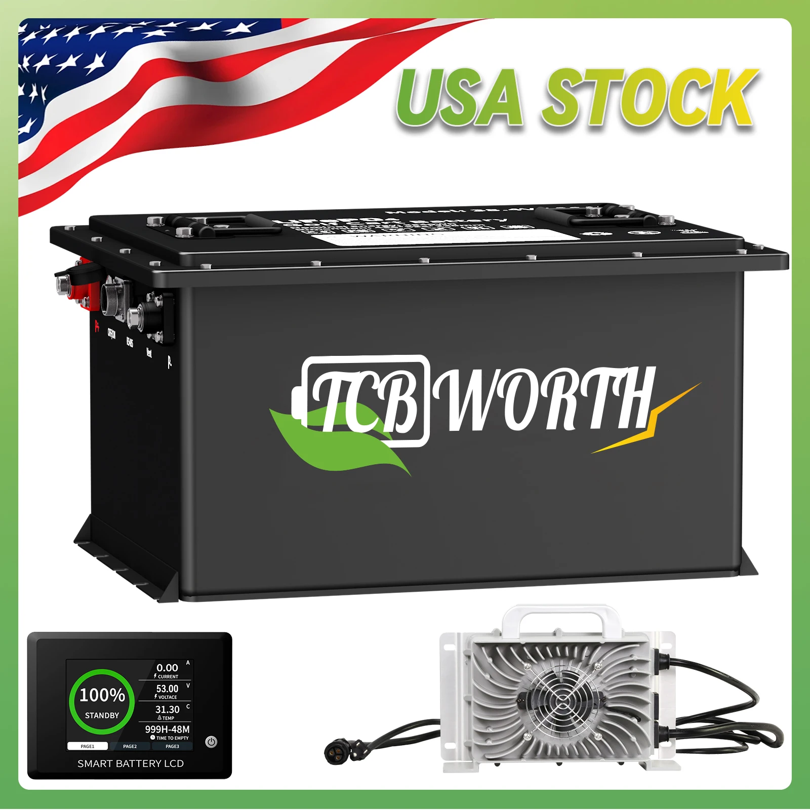 48V 105Ah Lithium Golf Cart Battery, 200A BMS 1000A Peak, Touch Monitor & APP Control, 6000+ Cycles, 20A Charger Included, 48V Lithium Battery for Golf Carts, Solar System