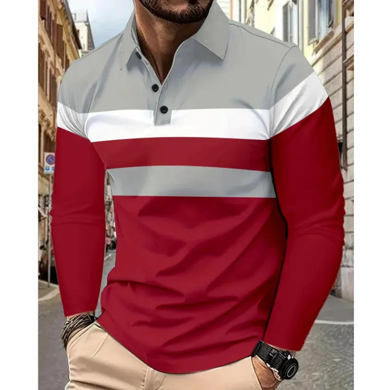 

New Three Stripe Men's Long Sleeve Polo Solid Color Tops Summer And Autumn Casual Breathable Comfortable Retro Street Polo Shirt