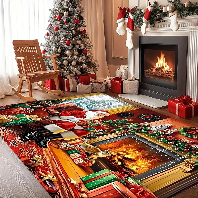 VIKAMA 3D Santa Fireplace Wreath Gift Large Carpet Short Pile Non Slip Soft Floor Cover Living Room Bedroom Xmas Party Decor