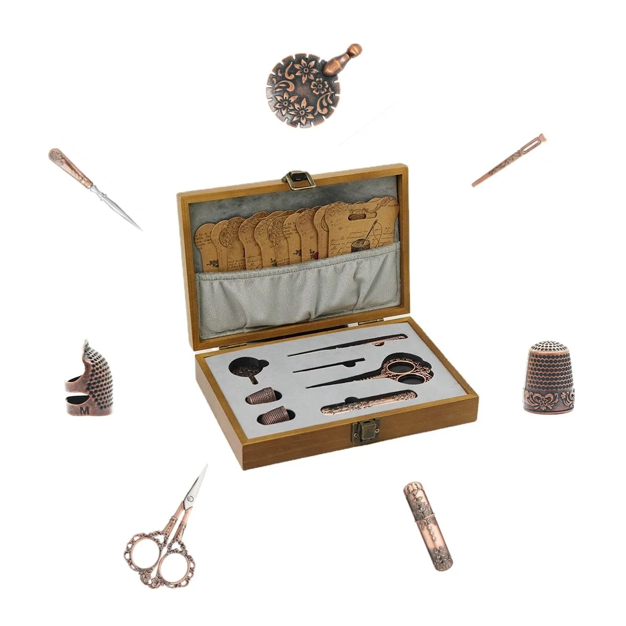 

Household Solid Wood Sewing Kit Wooden Sewing Tool Cone Needle Vintage Scissors Thimble Cone Disconnecting Device Copper Syringe