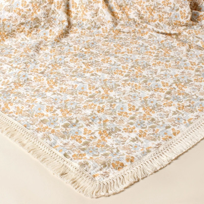 Couverture respirante en coton pour bébé, serviette bain confortable, jeté imprimé à 2 couches avec frange pour nouveau-nés,