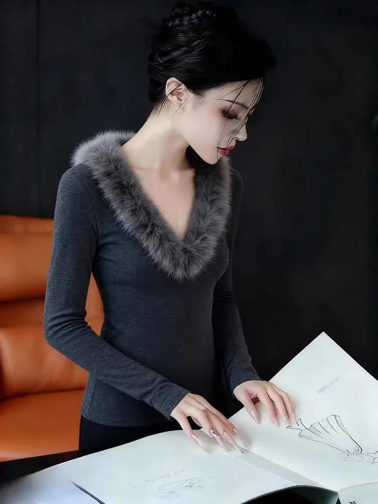 Retro americano ey peludo v-ne splice base irt roupa interior feminina outono inverno emagrecimento longo sve topo ci caminhada algodão