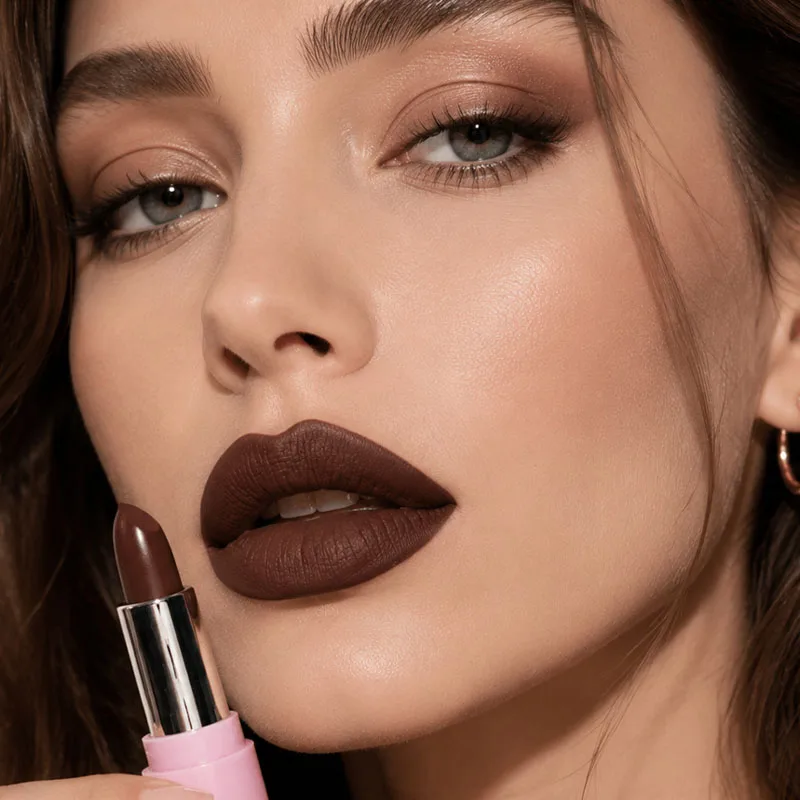 Matte Dark Brown Lipstick Long Lasting Waterproof High Pigment Velvet Lip Color Nude Makeup Non Stick Cup Cosmetic For Women