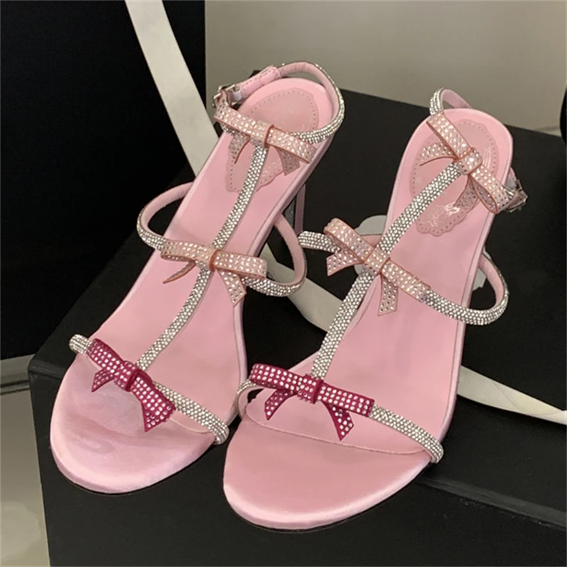 Eilyken Sexy Crystal Bowknot Buckle Strap Women's Sandals Street Style Thin High Heels Shoes Sexy Party Prom Stripper Pumps