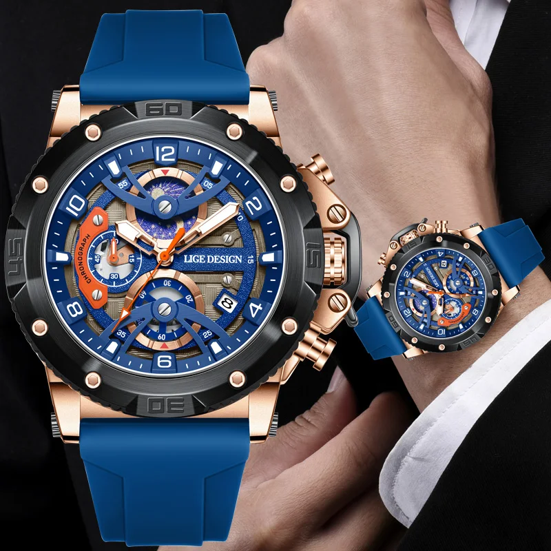 

LIGE Business Men Clock Waterproof Luminous Calendar Chronograph Big Dial Man Watch Stainless Steel Quartz Men's Watches Reloj