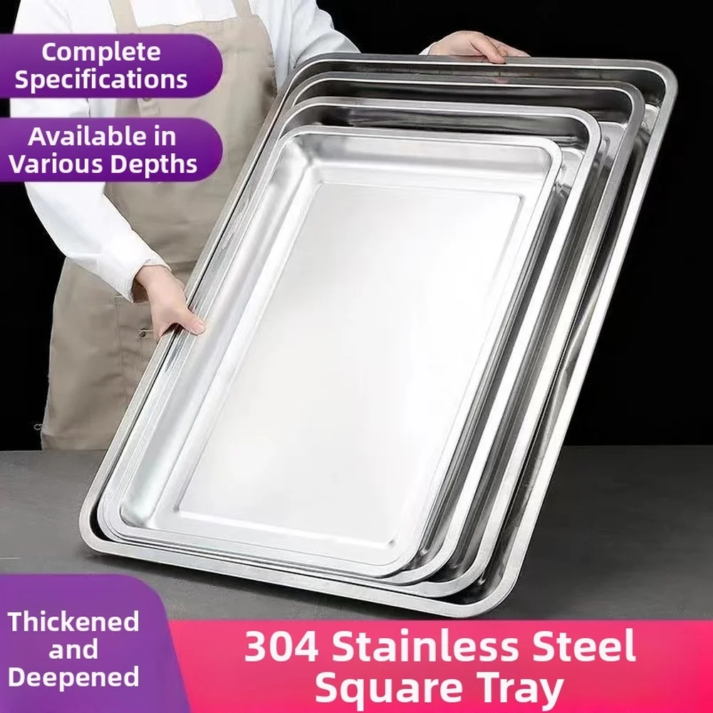 Bandeja Rectangular de acero inoxidable 304, plato cuadrado para servir para barbacoa, arroz al vapor, fruta, bola de masa, exhibición de alimentos, uso en cocina o en Hotel