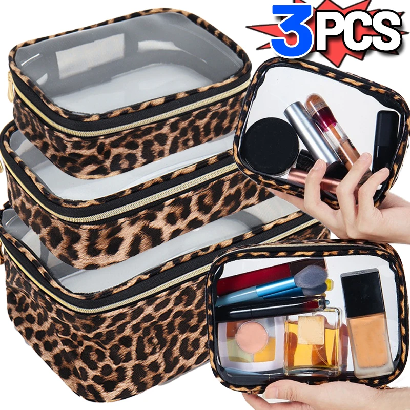 

Waterproof Large Capacity Makeup Bag Leopard Print Clear Travel Toiletry Pouch Portable Storage Cosmetic Organizer with Zipper