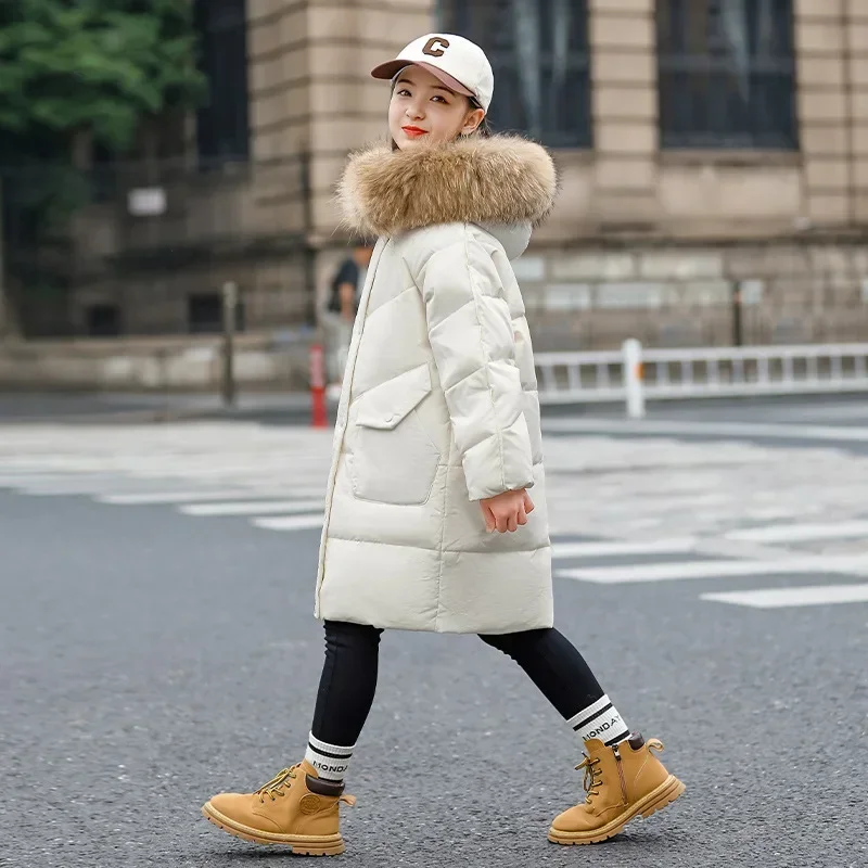 

Winter Jacket Girl's Parkas Big Fur Collar Overcoat Children Casual Long Coat White Duck Down Outwear Kids Button Pocket XMP298