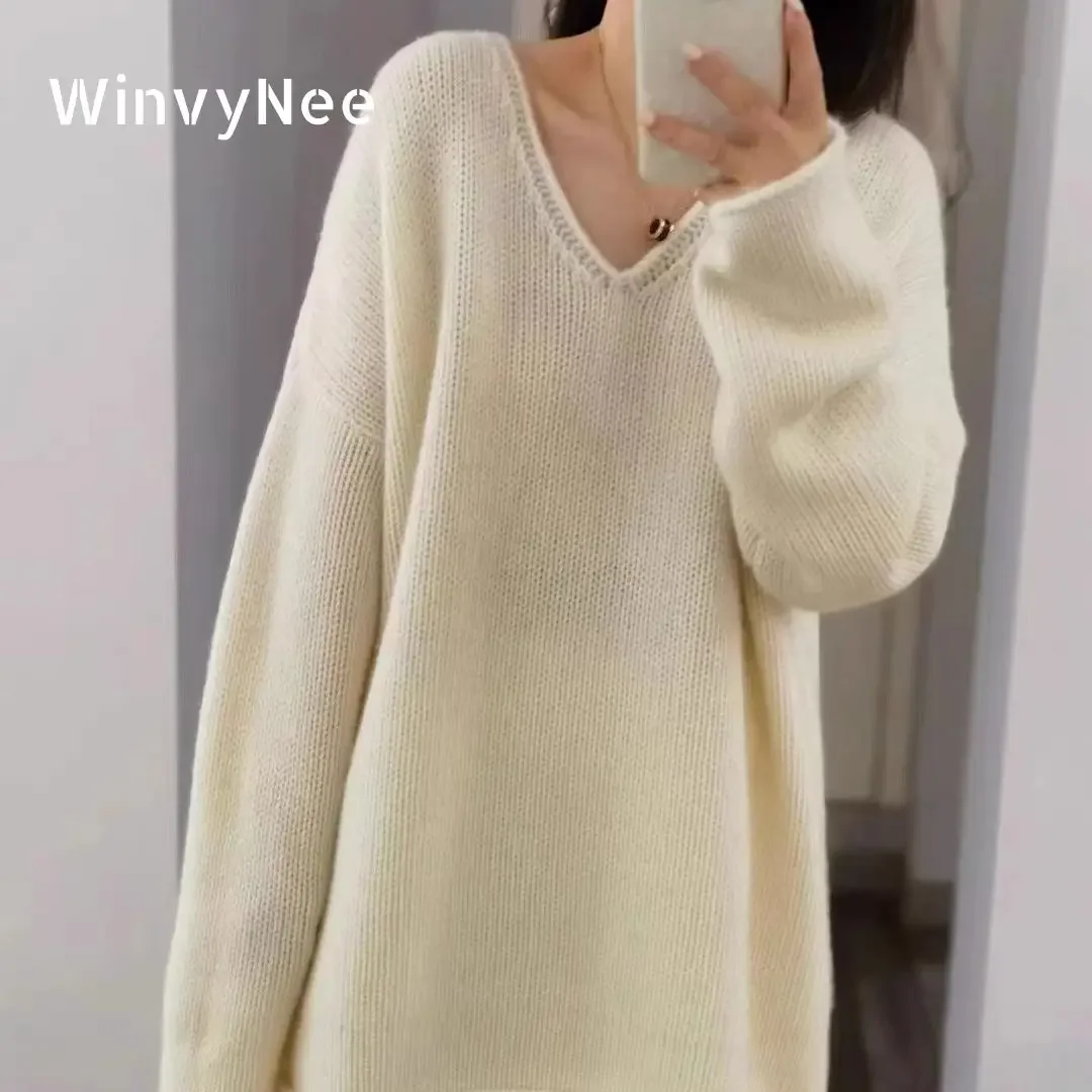 

WinvyNee Autumn Women's Clothing Merino Wool White Sweaters V Neck Casual Loose Outerwears Warm Pullover Top Oversized A1283004B