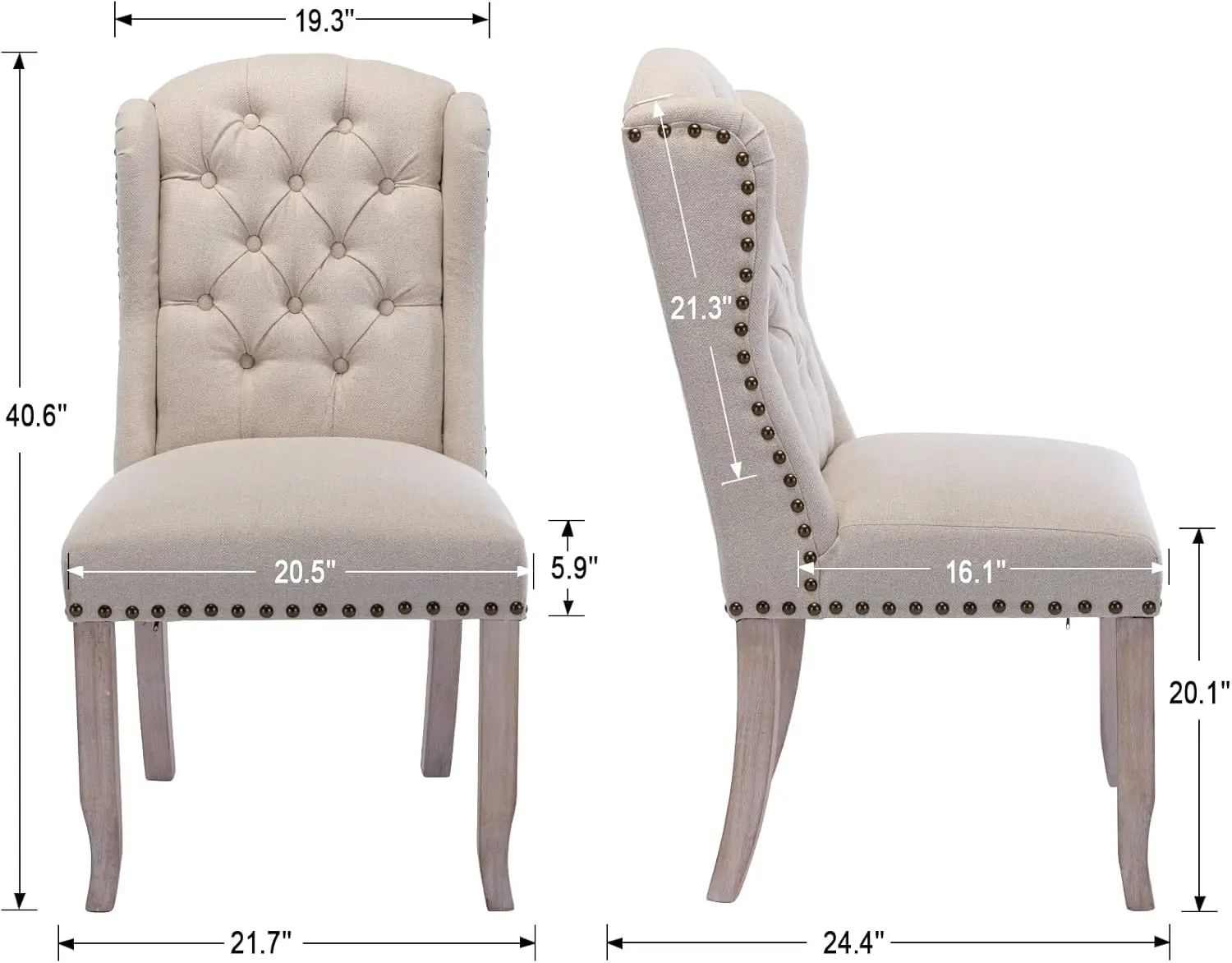 Beige Linen Dining Room Chairs for Kitchen, Wingback Design with Solid Wood, Modern and Tufted