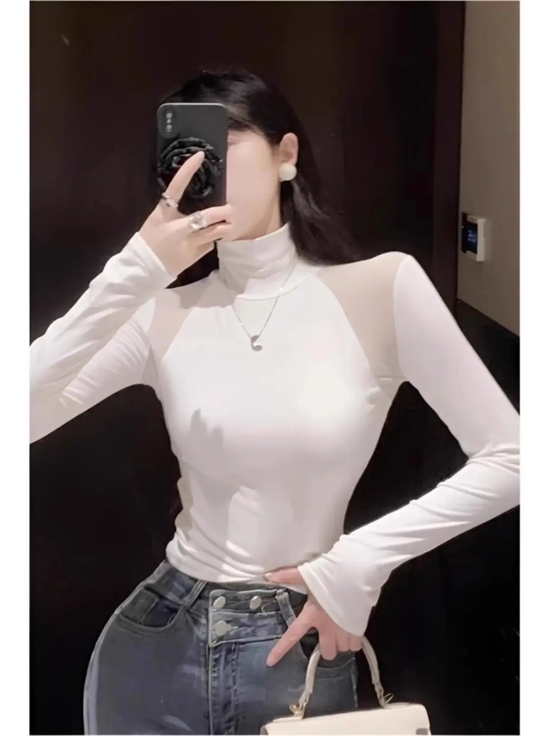 Sexy Pure Half Turtle Neck Small Mesh Splicing Slim Fit and Velvet T-shirt Base Shirt for Women in Autumn and Winter New Top