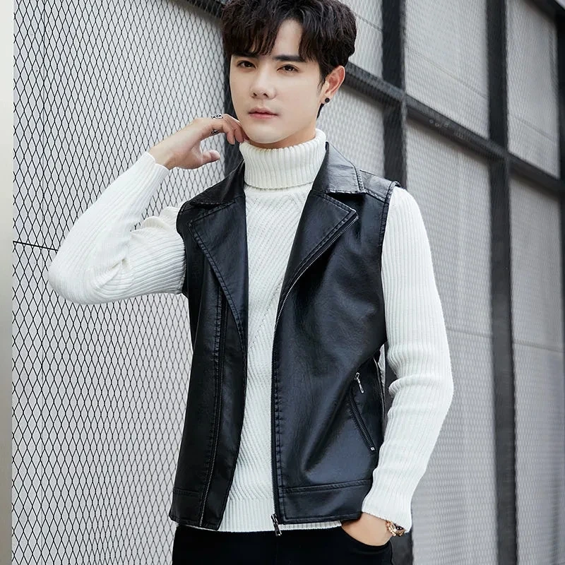 

Men Leather Vest Jacket Casual Sleeveless Gilet Autumn Winter Suit Collar Thicken Warm Waistcoat Korean Zipper Chaleco Hombre