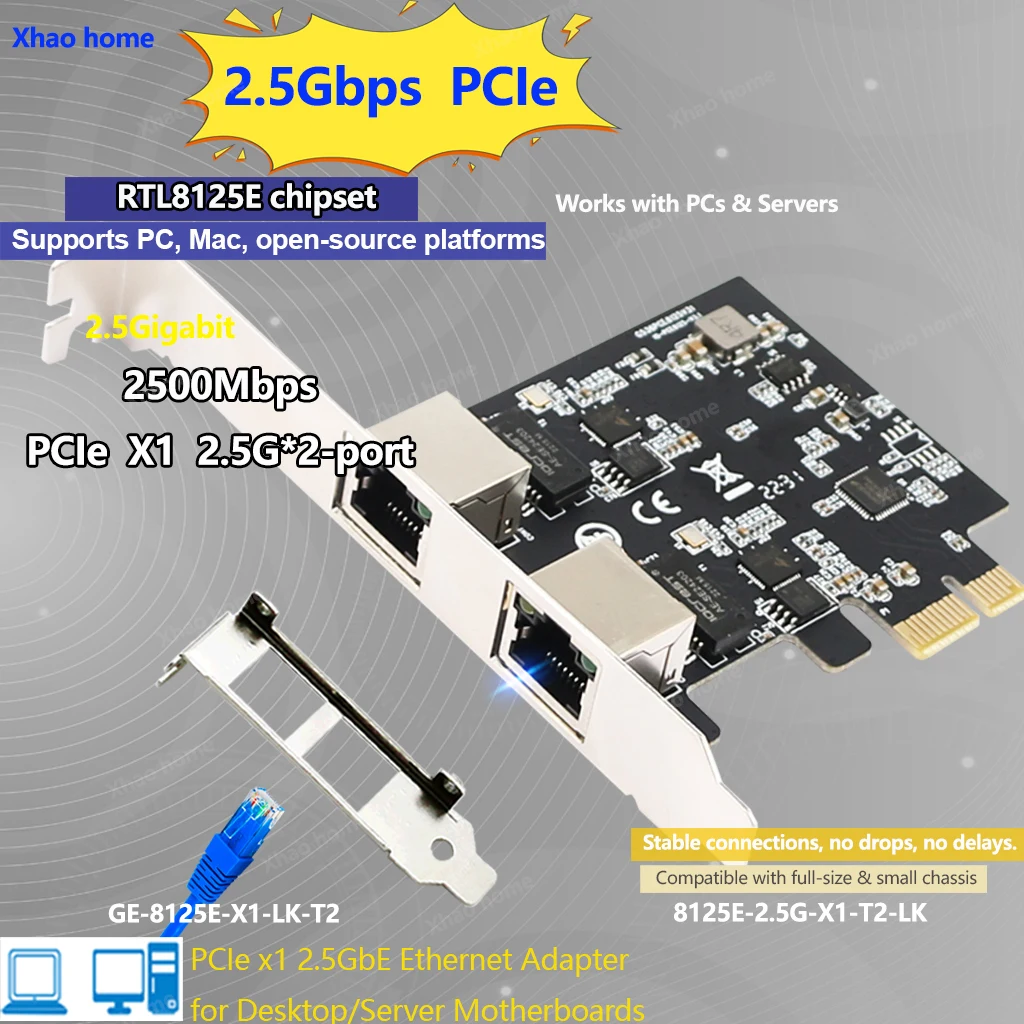2.5G Double Port Ethernet Card RTL8125E PCIE-X1 X4 RJ45 Nework Extend Adapter Support For Synology NAS And Others Network Card