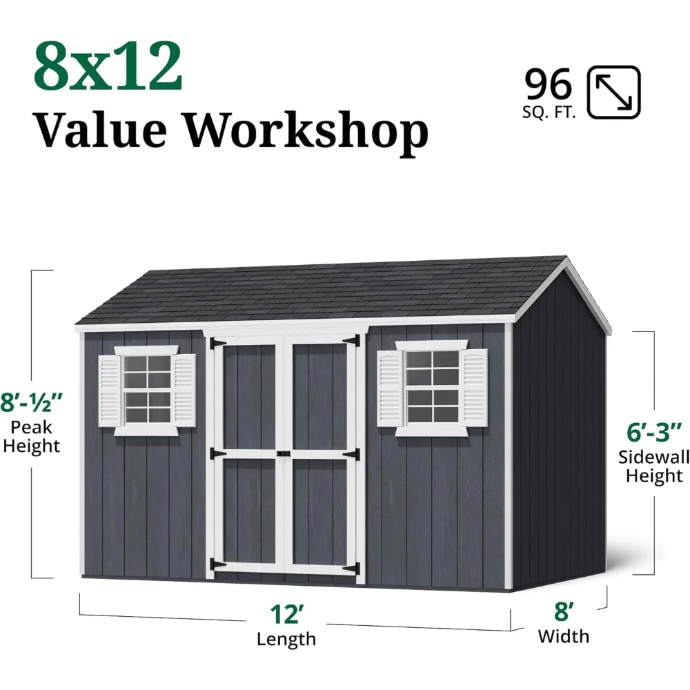 8x12 Outdoor Storage Shed with Operable Windows, Wood Storage Do-It-Yourself Precut Kit, Value Workshop Shed