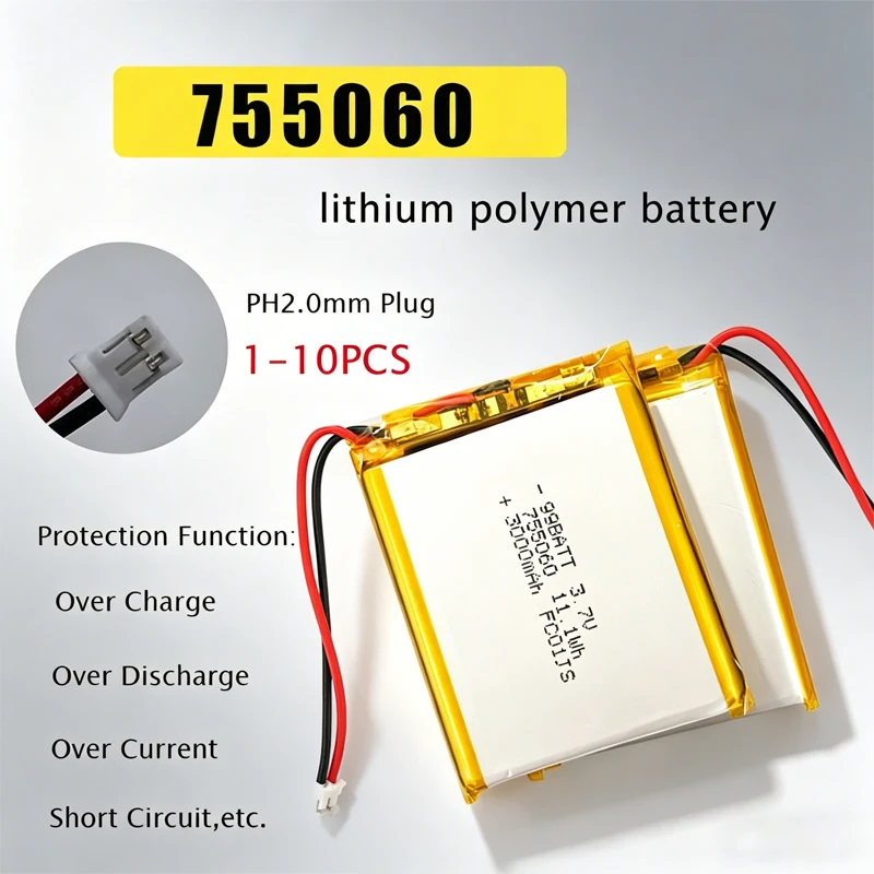 755060 3.7V 11.1wh 3000mAh Lithium Li-Polymer Battery Rechargeable Batteries for Massage Instrument Beauty Instrument LED Light