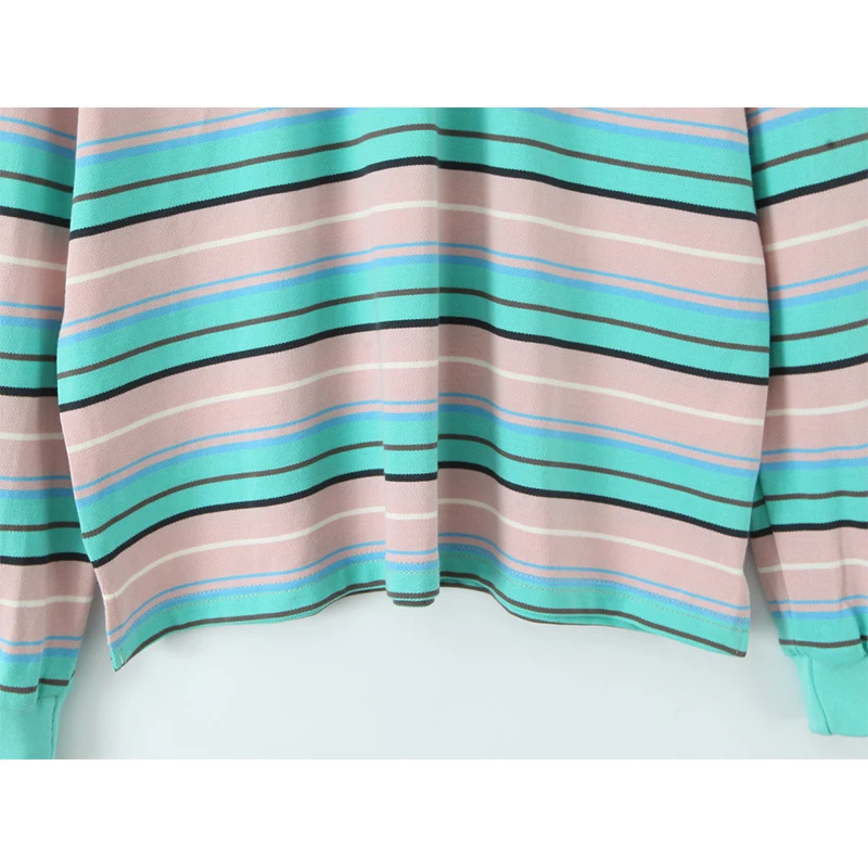 가을 여성 긴팔 라펠 칼라 스트라이프 티셔츠 면 루즈 캐주얼 티