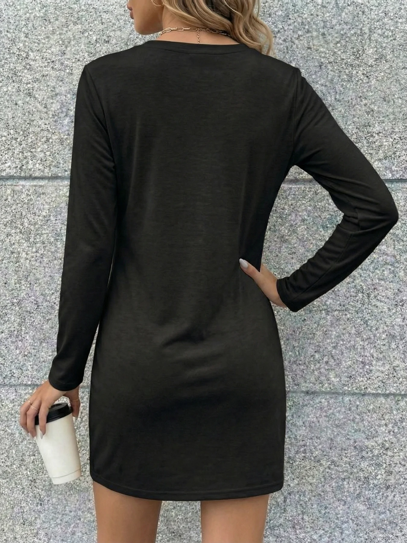 Black Slim Fit Long Sleeve round Neck Dress Elegant Simple Commute Work Short Skirt Fashionable plus Size Women's Clothing