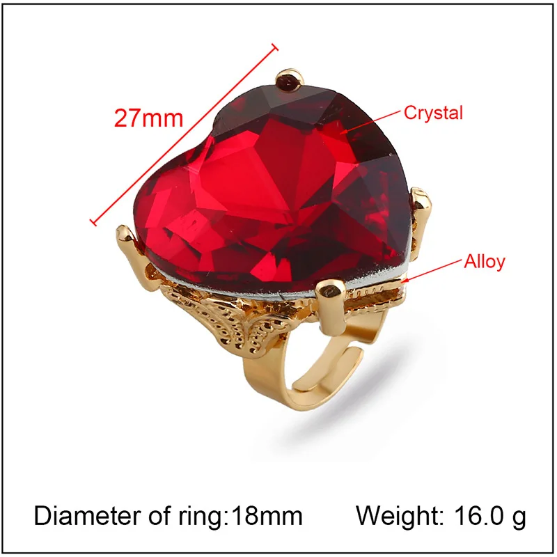 Luxury Exaggerated Red Heart Shaped Crystal Chunky Big Deep Green Glass Adjustable Rings for Women Men Party Jewelry