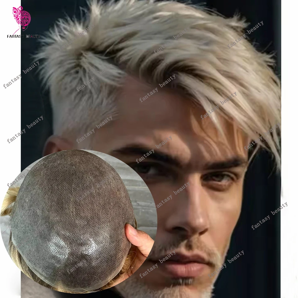 

Undetectable 4T613# Ombre Blonde Ultra Thin Skin 0.06mm Male Wigs Durable 100% Human Hair Men Toupee Natural Hairline Grey Hair