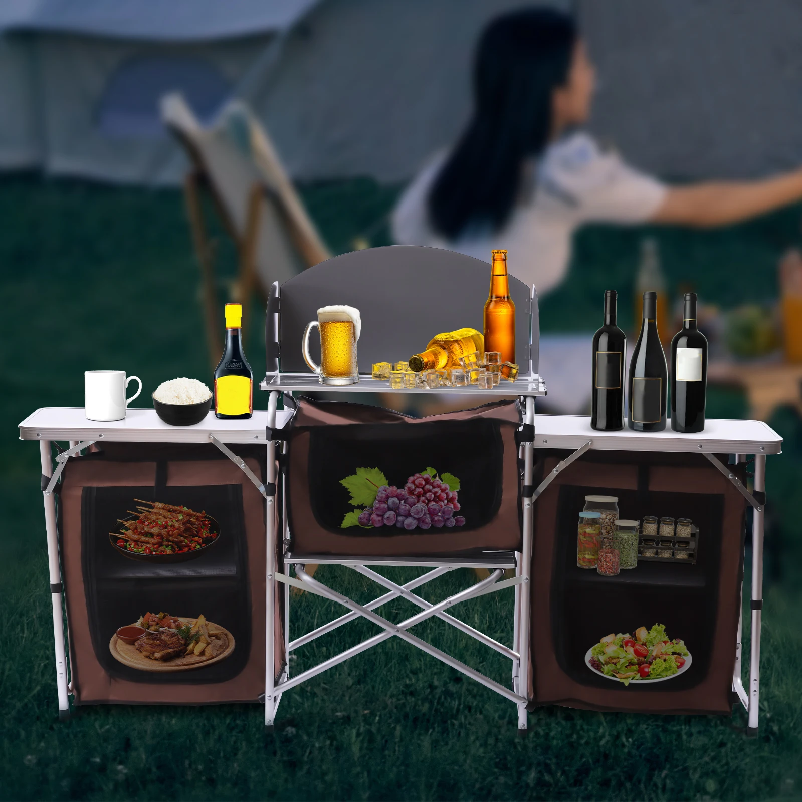 Camping Kitchen Station, Folding Grill Table with 26'' Tabletop, 2 Side Tables, Storage Organizer, Detachable Windscreen