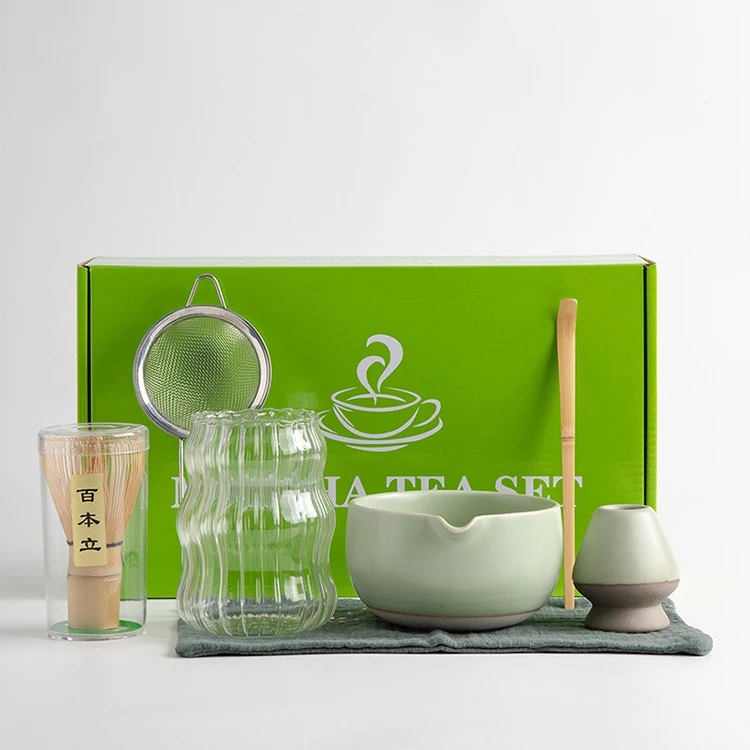 New Fashion Matcha Blender Set Bamboo Blender Glass Glass Ceramic Bowl Tea Towel Metal Sieve Spoon and Stand 7 Tools