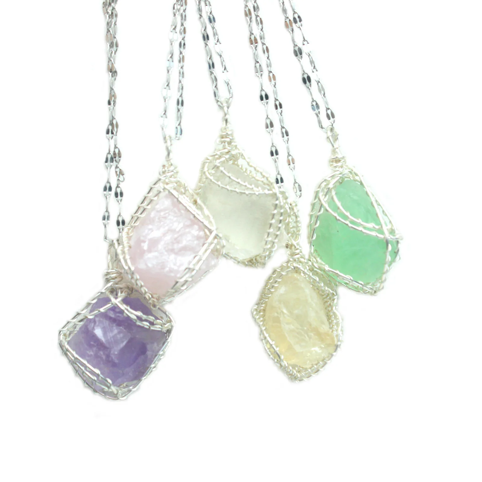Exquisite jewelry raw stone winding necklace for women pink quartz green fluorite yellow amethyst clavicle chain hand-wound