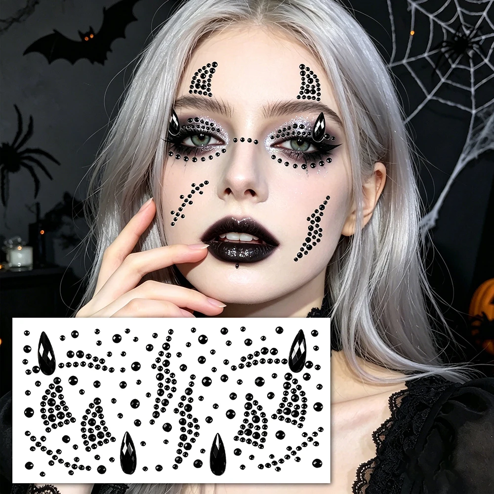 1/2Pcs Halloween Face Jewels Tattoos Stickers 3D Black Red Teardrop Scar Gems Decals for Cosplay Night Theme Festival Body Decor